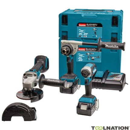 Makita DLX3155TJ Comboset 18V 5.0Ah Li-Ion - Trapano a batteria DDF486 + Smerigliatrice a batteria DGA504 + Avvitatore a impulsi DTD153 in MBox - 1