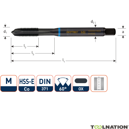 Rotec 331.0800 HSS-E INOX rubinetto macchina DL DIN 371B M 8x1,25 VAP - 1
