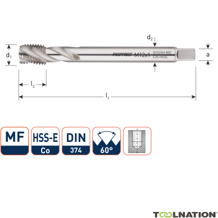 Rotec 335.1215C HSS-E 800 maschiatura a macchina BL DIN 374C/40° MF12x1,5 - 1