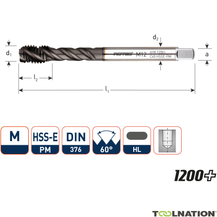 Rotec 336.1200C HSS-E PM 1200+ rubinetto a macchina BL DIN 376C/45° M12x1,75 - 1