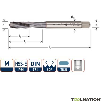 Rotec 347.0800C HSSE-PM 1400 Rubinetto a macchina DIN 371C/15° M 8 TiCN - 1