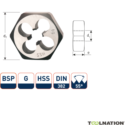Rotec 377.1500 HSS Dadi esagonali DIN 382 BSP G 1.1/2-11 - 1