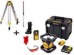 DeWalt DCE074D1R-SET 18V 2.0Ah Li-Ion Laser rosso rotante completamente automatico (per interni) + DE0737 Bastone di misurazione + DE0736 Treppiede in alluminio da 5/8