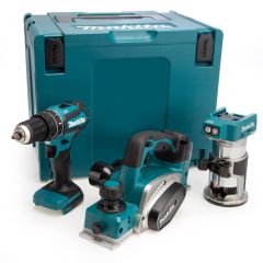 Makita DLX3116ZJ - Trapano a percussione DHP485 Accu + fresatrice DRT50 Accu + pialla DKP180 Accu 18V escluse batterie e caricabatterie + 5 anni di garanzia del rivenditore!